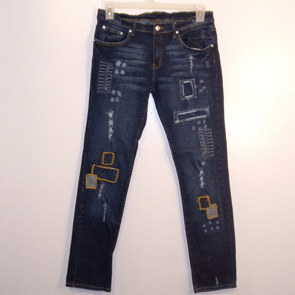 Womens  Dark Blue Straight Leg Jeans with Patchwork